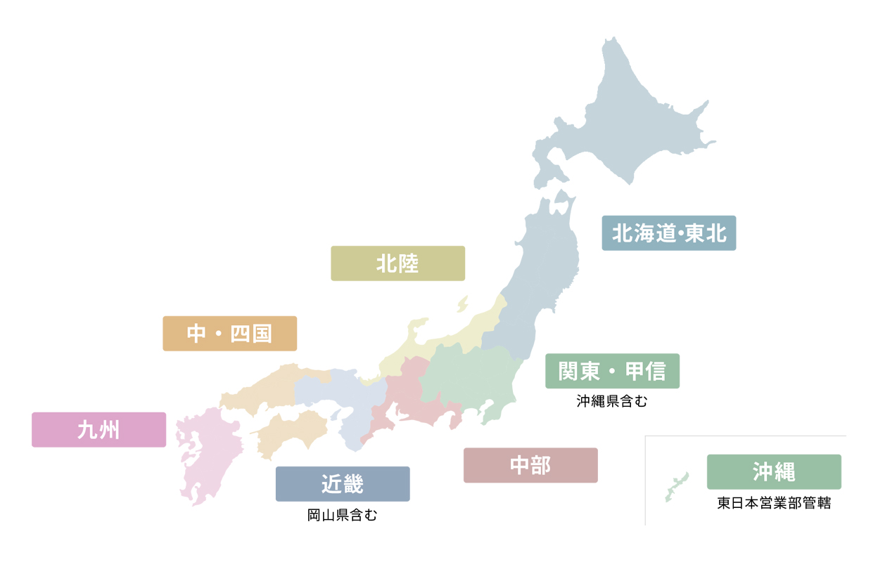 この画像は日本国内にある富士電機機器制御の拠点を、北海道から沖縄まで地域ごとに異なる色で示しています。