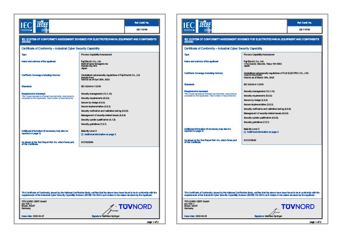 IEC62443-4-1認証証<br>(左：鈴鹿工場　右：東京工場)