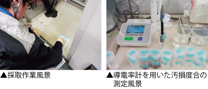 図4 採取作業風景・導電率計を用いた汚損度合の測定風景