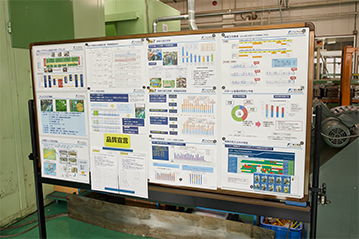 工場の各所に改善状況のデータや従業員のスキル評価表などが貼り出されている。