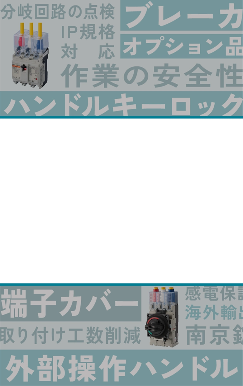 ブレーカオプション品：ハンドルキーロック、端子カバー、外部操作ハンドル。作業の安全性を高めるソリューションを提案。「点検時の安全性に課題を感じていませんか？」という問いかけ。