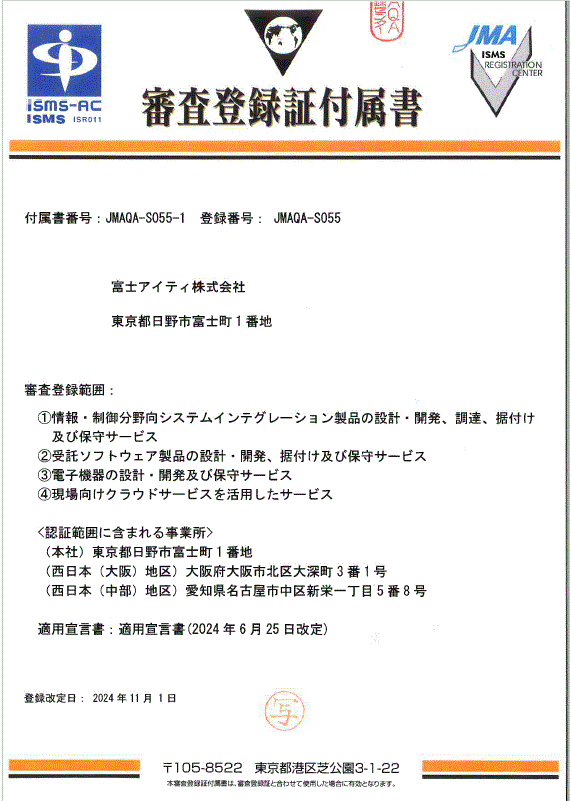 JISQ27001：2023（ISO/IEC27001：2022）認証 審査登録証付属書
