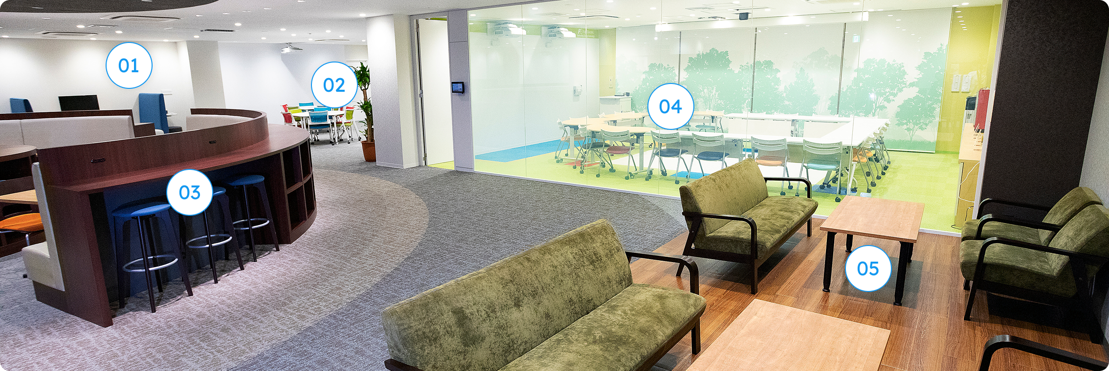 用途に合わせて選べる多様な座席や、ガラス張りのミーティングルームなどが配置されたイノベーションオフィスの全景