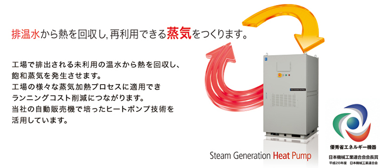 排温水から熱を回収し、再利用できる上記をつくります。　工場で排出される未利用の温水から熱を回収し、飽和蒸気を発生させます。工場の様々な蒸気加熱プロセスに適用できランニングコスト削減につながります。当社の自動販売機で培ったヒートポンプ技術を活用しています。