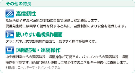 その他の特長　高信頼性 使いやすい監視操作画面 遠隔監視・遠隔操作