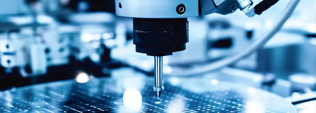 半導体製造装置の内部工程を示す画像。FRENIC-Mini による精密な速度制御と高効率化を表現している。