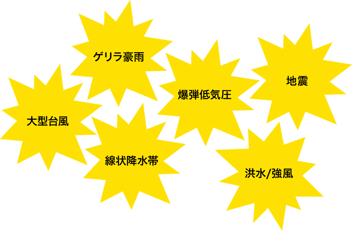 ゲリラ豪雨、線状降水帯、爆弾低気圧、大型台風、地震、洪水/強風