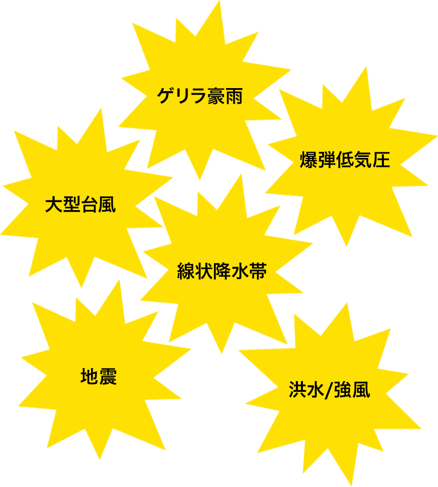 ゲリラ豪雨、線状降水帯、爆弾低気圧、大型台風、地震、洪水/強風