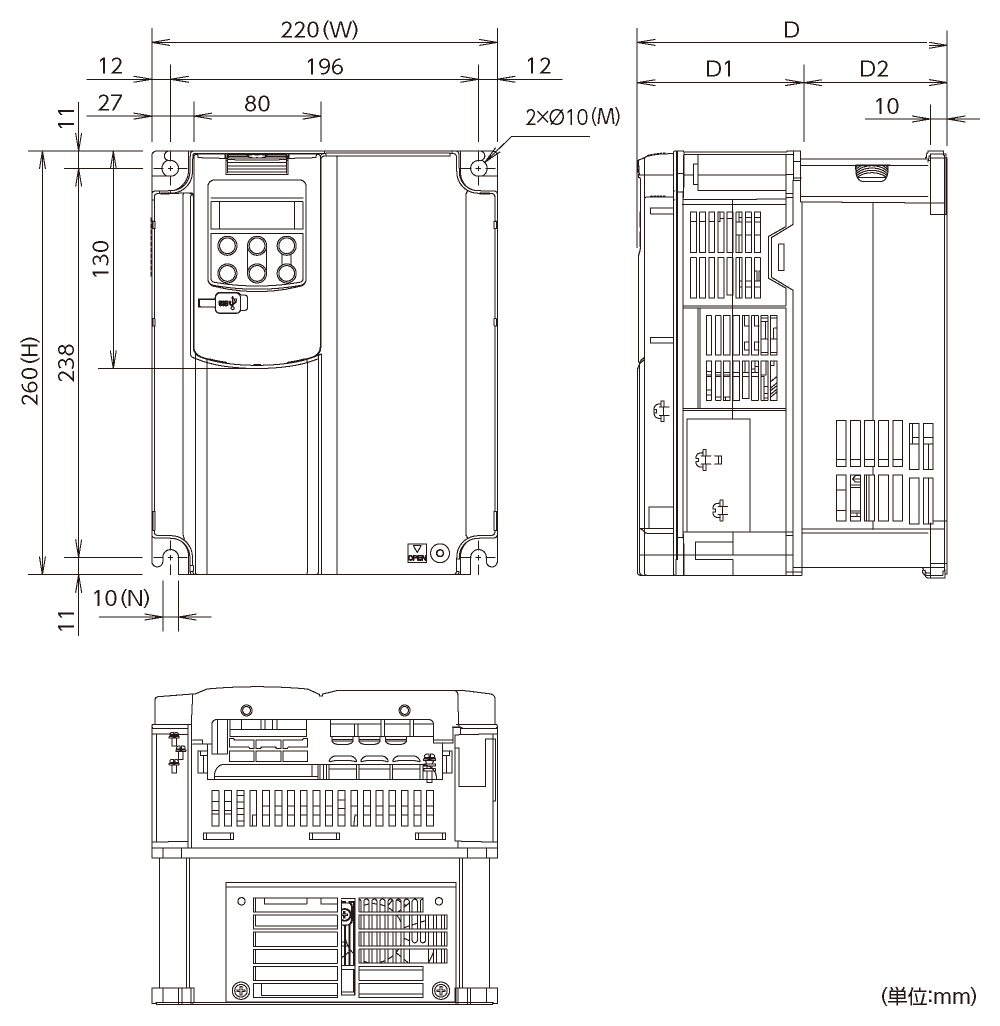 FRN7.5GX1S-4JSIの外形寸法図(その1)