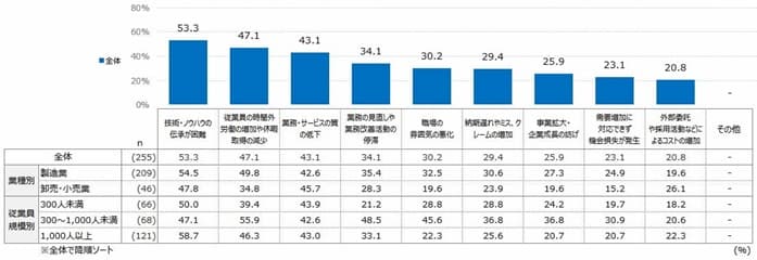 人手不足が業務に及ぼす影響(業種・従業員数別)