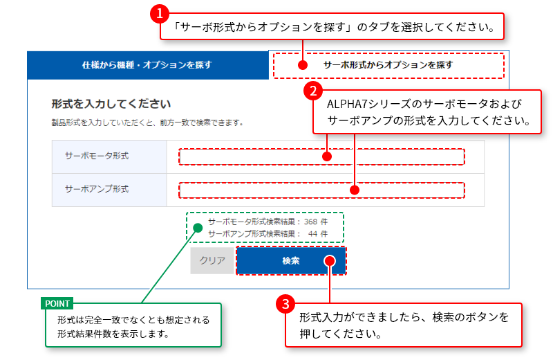 ALPHA7シリーズのサーボアンプ、サーボモータの形式から対象オプションの選定方法①