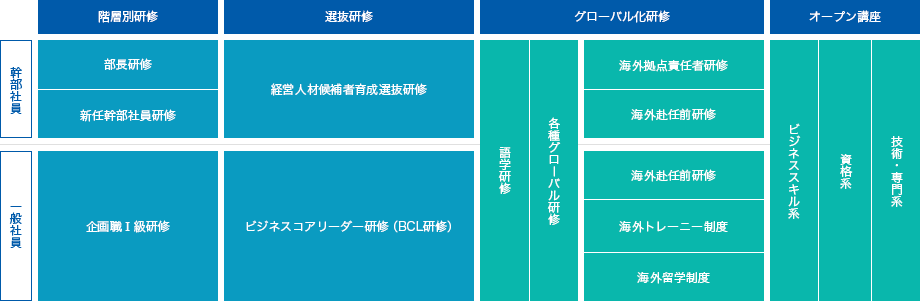 研修制度は大きく4つに分類されます。階層別研修、選抜研修、グローバル研修、オープン講座です。 階層別研修には、幹部社員向けの部長研修や新任幹部社員研修、一般社員向けの企画職Ⅰ級研修があります。 選抜研修としては、経営人材候補者育成選抜研修と一般社員向けのビジネスコアリーダー研修(BCL研修)が実施されています。 グローバル研修では、全社員が参加可能な語学研修や各種グローバル研修があり、幹部社員向けには海外拠点勤務者研修や海外赴任前研修があります。一般社員向けには、海外赴任前研修、海外トレーニー制度、海外留学制度が用意されています。 オープン講座には、ビジネススキル系、資格系、技術・専門系の研修があります。