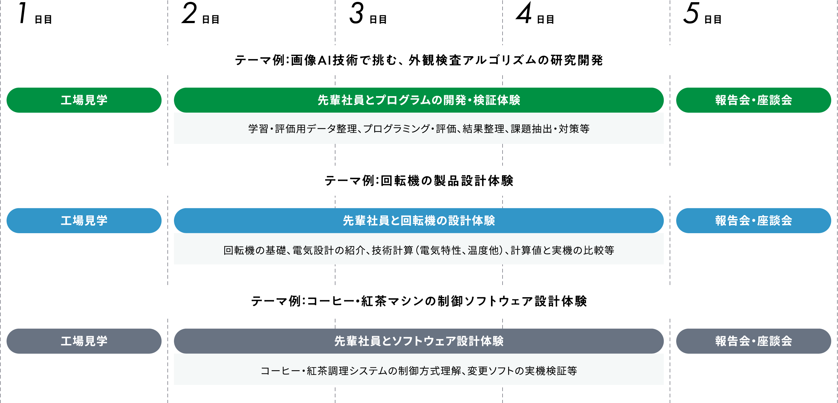 全てのカリキュラム例で1日目オリエンテーション、5日目プレゼン。2〜4日目カリキュラム例として、プラント制御システムではエンジニアリング業務体験、産業用パワー半導体モジュール製品設計では産業用パワー半導体モジュール製品設計とデータ纏め作成、社内システムエンジニアでは実際の社内システム開発運用保守。